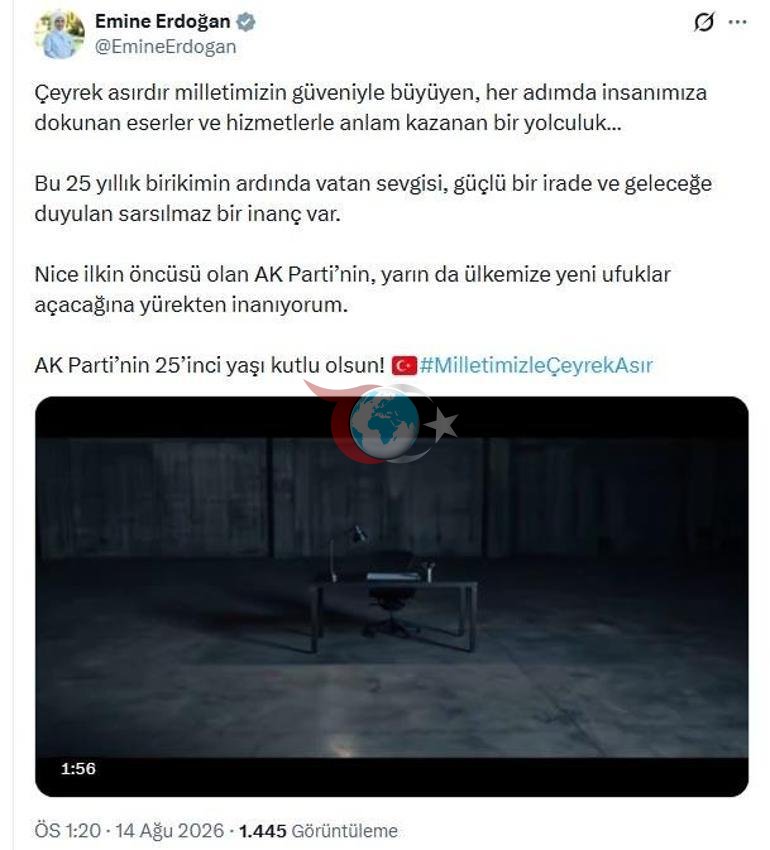 Əminə Ərdoğan: AK Partiyanın 25. doğum gününüz mübarək