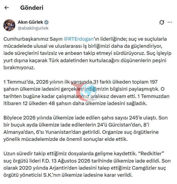 Nazir Gürlək: 2026-cı ildə ölkəmizə ekstradisiya edilən şəxslərin sayı 245-ə çatıb