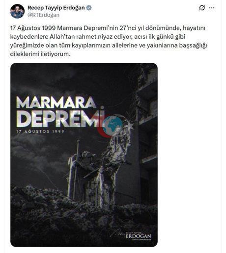 17 Avqust Zəlzələsinin ildönümü ilə əlaqədar Prezident Ərdoğandan paylaşım