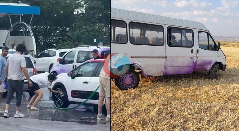 TIR’dan döküldü, yağmurla tepkimeye girdi Araçlar mora boyandı, soruşturma başlatıldı
