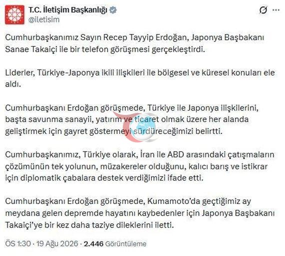 Cumhurbaşkanı Erdoğan, Japonya Başbakanı Takaiçi ile telefonla görüştü