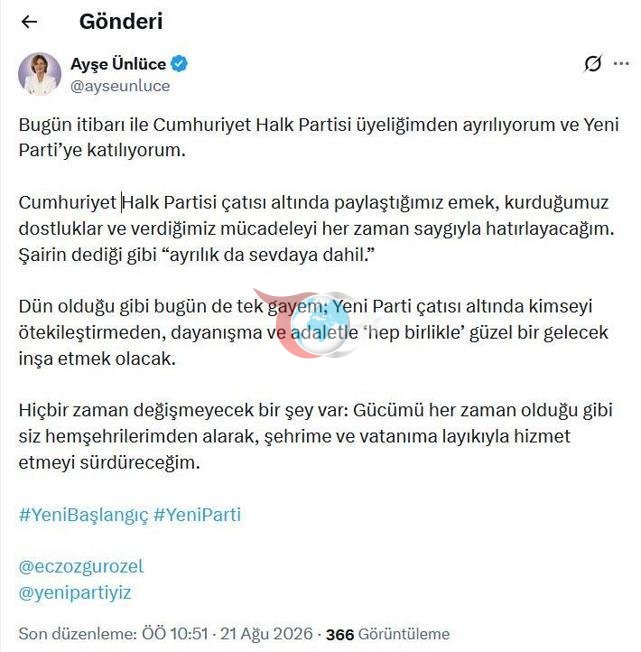 Eskişehir Büyükşehir Belediye Başkanı Ünlüce, Yeni Partiye geçti