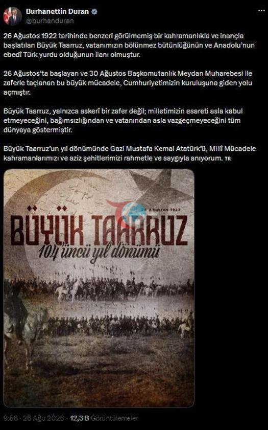 İletişim Başkanı Durandan Büyük Taarruzun 104üncü yıl dönümüne ilişkin paylaşım