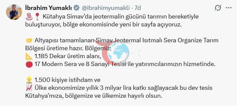 Bakan Yumaklı: Simav Jeotermal Isıtmalı Sera Organize Tarım Bölgesi üretime hazır