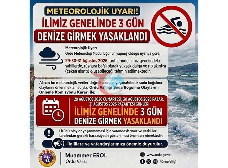 Orduda dənizdə çimmək 3 gün müddətinə qadağan edildi