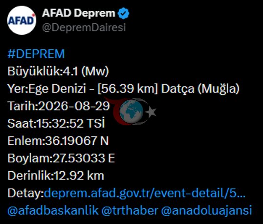 Muğla sahillərində 4,1 bal gücündə zəlzələ