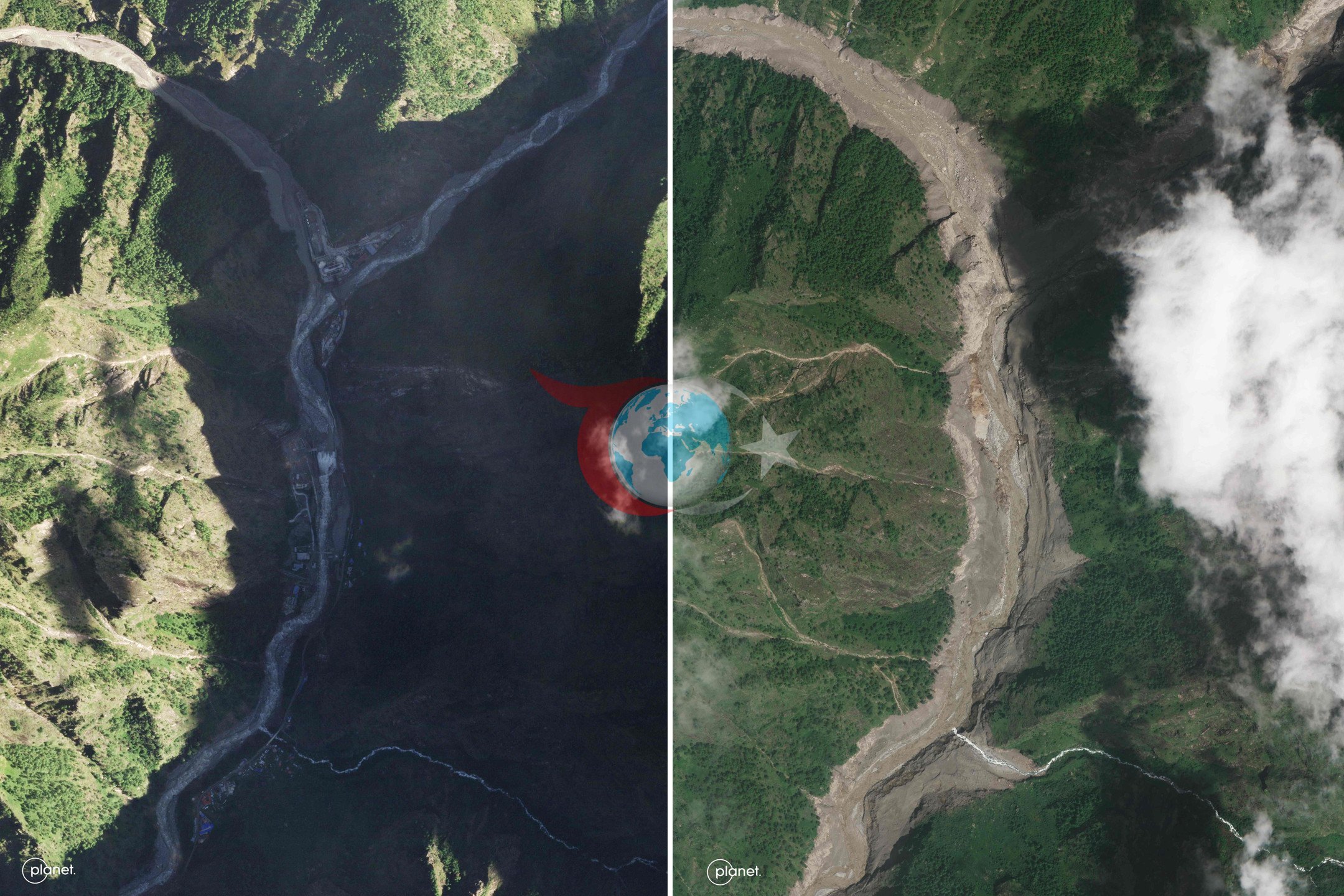 Planet Labs tarafından 28 Ağustosta çekilen ve 29 Ağustosta yayınlanan bu uydu görüntüleri, sel ve toprak kaymalarının bölgeyi vurmasının ardından Çin-Nepal sınırı ve Gyirong Limanı/Rasuwagadhi sınır karakoluna dair bir önce-sonra tablosu göstermekte. (Fotoğraf: Planet Labs PBC / AFP)