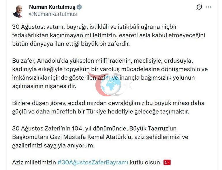 TBMM Başkanı Kurtulmuştan 30 Ağustos mesajı