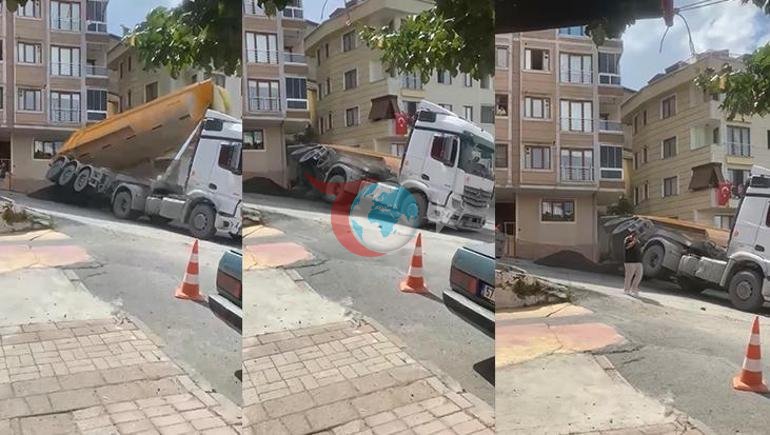 Kağıthaneдегі қорқынышты сәттер Самосвал ауада кенеттен құлап кетті