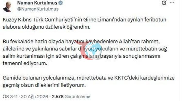 TBMM Başkanı Kurtulmuştan Girnede batan gemiye ilişkin açıklama