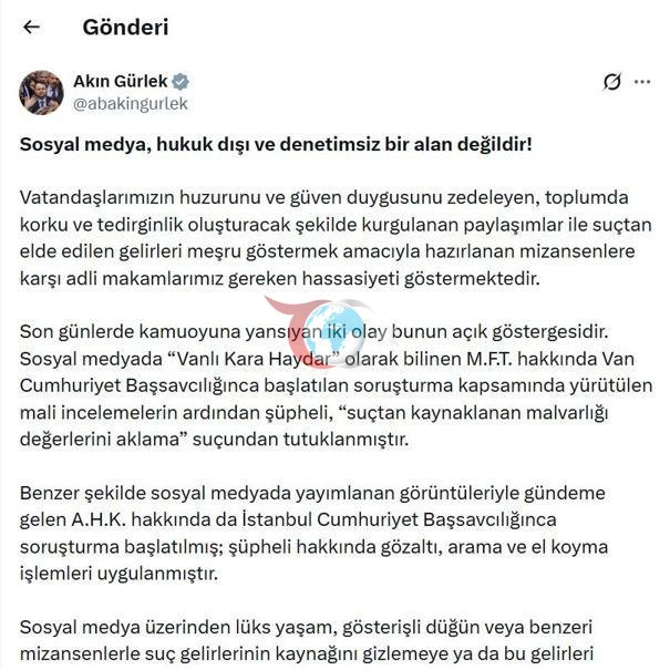 Bakan Gürlek: Sanal şöhret, suçun gizlenmesine perde olamayacaktır