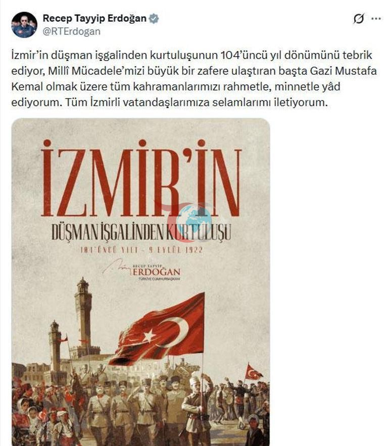 Prezident Ərdoğan İzmirin qurtuluşunun ildönümü ilə bağlı mesaj yayımladı