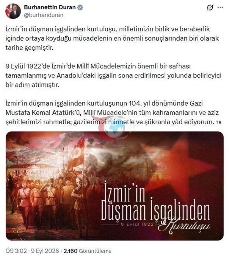 Kommunikasiya Direktoru Burhanəddin Durandan İzmirin qurtuluş ildönümü yazısı