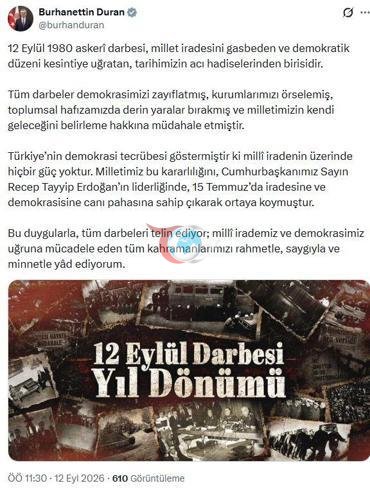 İletişim Başkanı Durandan, 12 Eylül darbesinin yıl dönümü mesajı