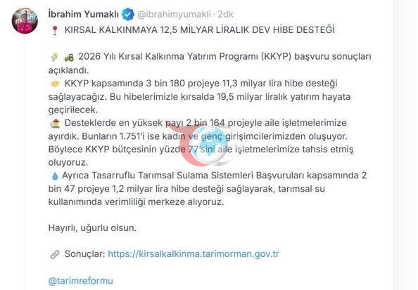 Kırsal kalkınmaya 12,5 milyar liralık hibe desteği