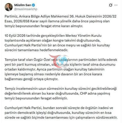 CHP mutlaq butlan ishida o'z apellyatsiyasini qaytarib oldi