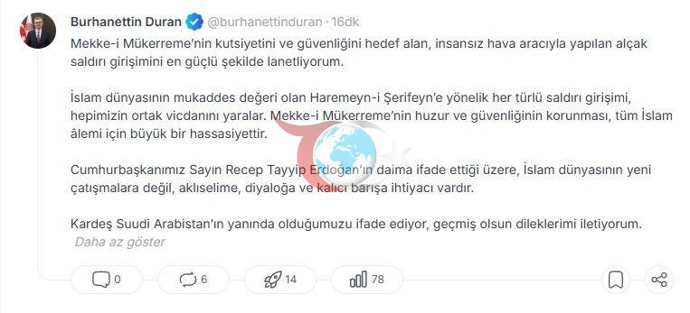 İletişim Başkanı Burhanettin Duran'ın NSosyal hesabı üzerinden yayınladığı gönderinin bir ekran görüntüsü.