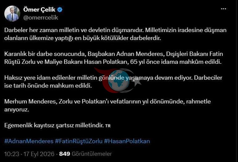 AK Partili Çelik, Menderes, Polakan ve Zorluyu andı