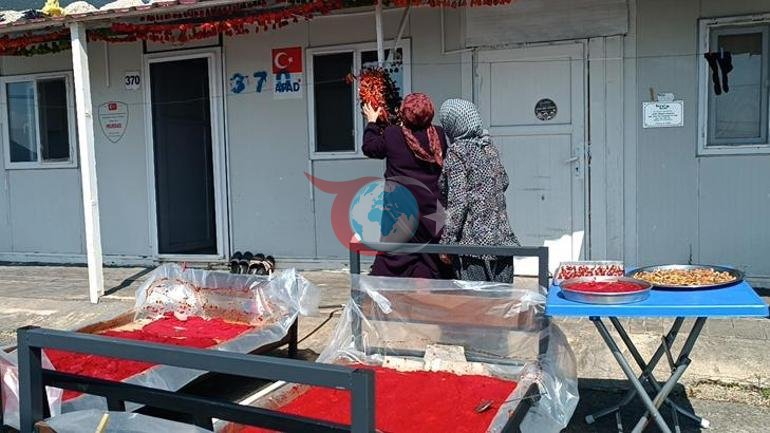 Depremzede kadınların konteyner kentte kış hazırlığı Patlıcanlar ipe dizildi, salçalar hazırlandı