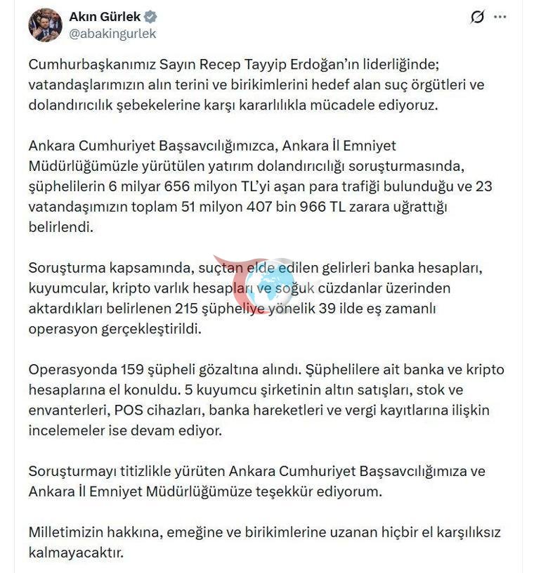 Ankara merkezli 39 ilde Nitelikli dolandırıcılık operasyonu; 159 gözaltı