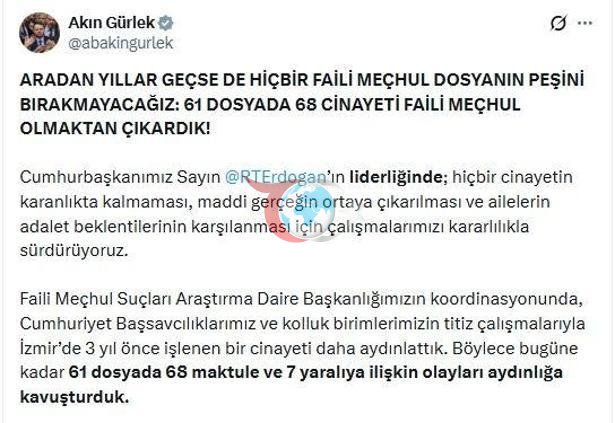 Bakan Gürlek: 68 cinayeti faili meçhul olmaktan çıkardık