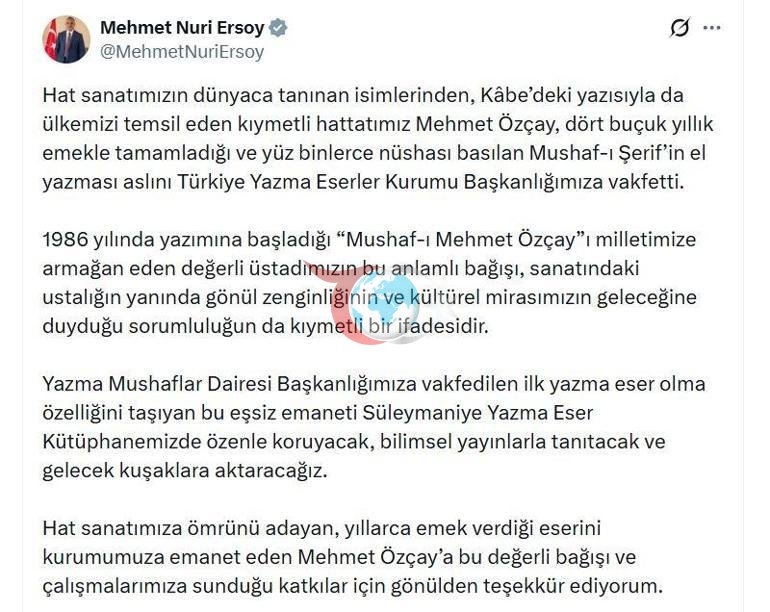 Hattat Mehmet Özçay, Mushaf-ı Şerifin el yazması aslını TÜYEKe bağışladı