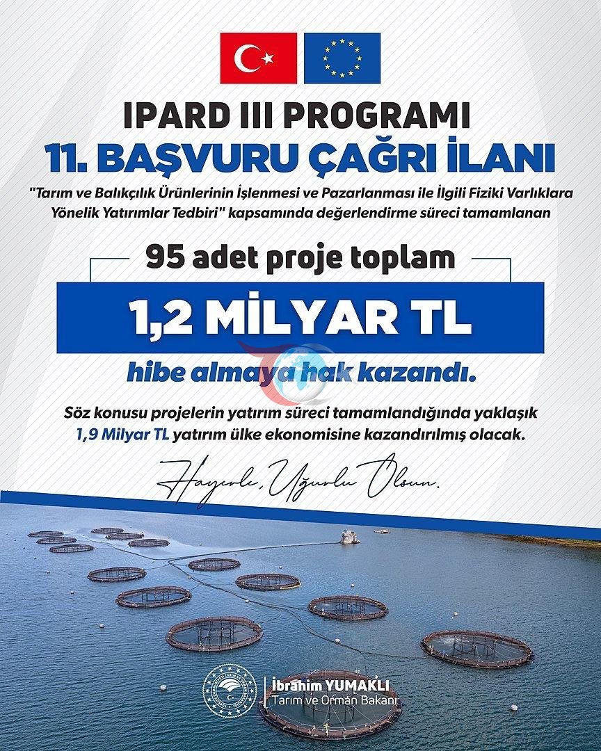 Tarım ve Orman Bakanlığı'ndan 95 projeye 1,2 milyar liralık IPARD III hibe desteği