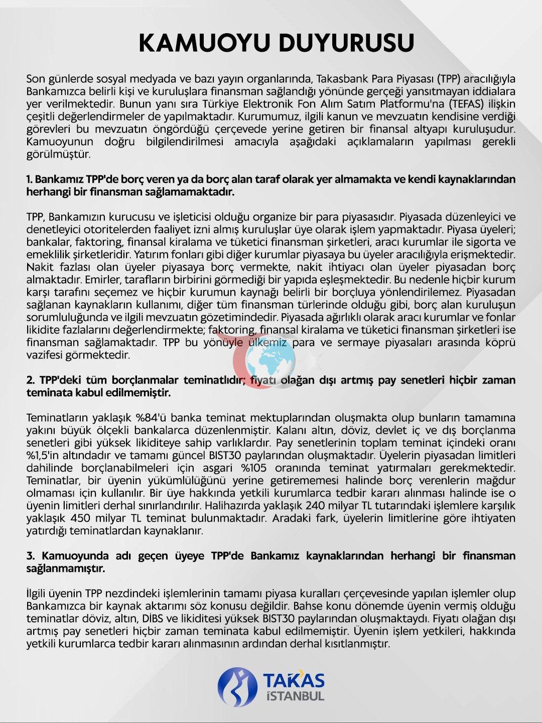 Takasbank'tan Finansman İddialarına Yanıt: Kurum Kaynakları Kimseye Aktarılmadı