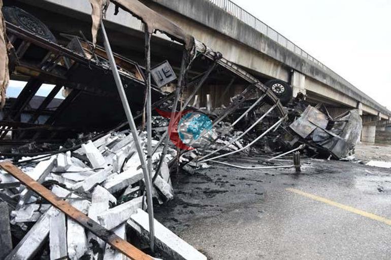 Anadolu Otoyolunda korkunç kaza TIR 15 metreden düşüp küle döndü