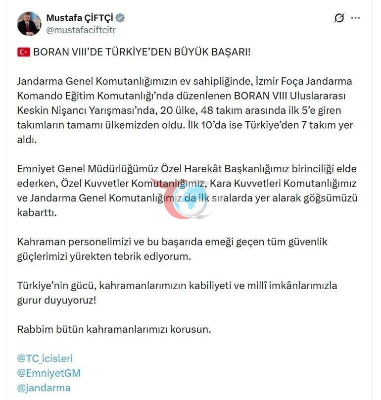 Bakan Çiftçiden keskin nişancı yarışmasında dereceye giren Türk takımlarına tebrik