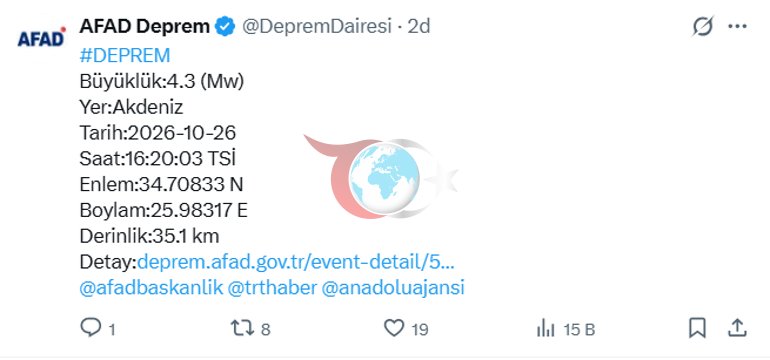 Son dakika... Akdenizde 4,3 büyüklüğünde deprem