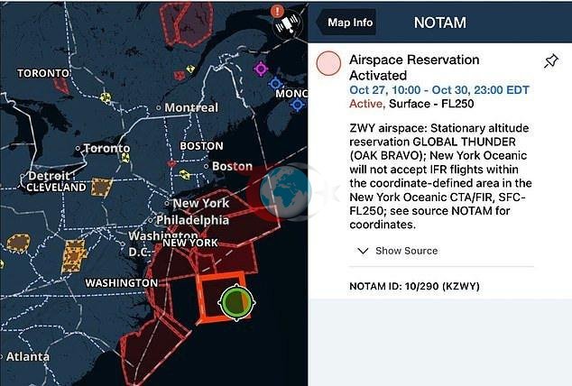 Havacılık duyurularında, Global Thunder ile bağlantılı olabileceği düşünülen Atlantik, Pasifik ve Florida'nın bazı bölgelerinde geçici hava sahası rezervasyonları belirtildi.
