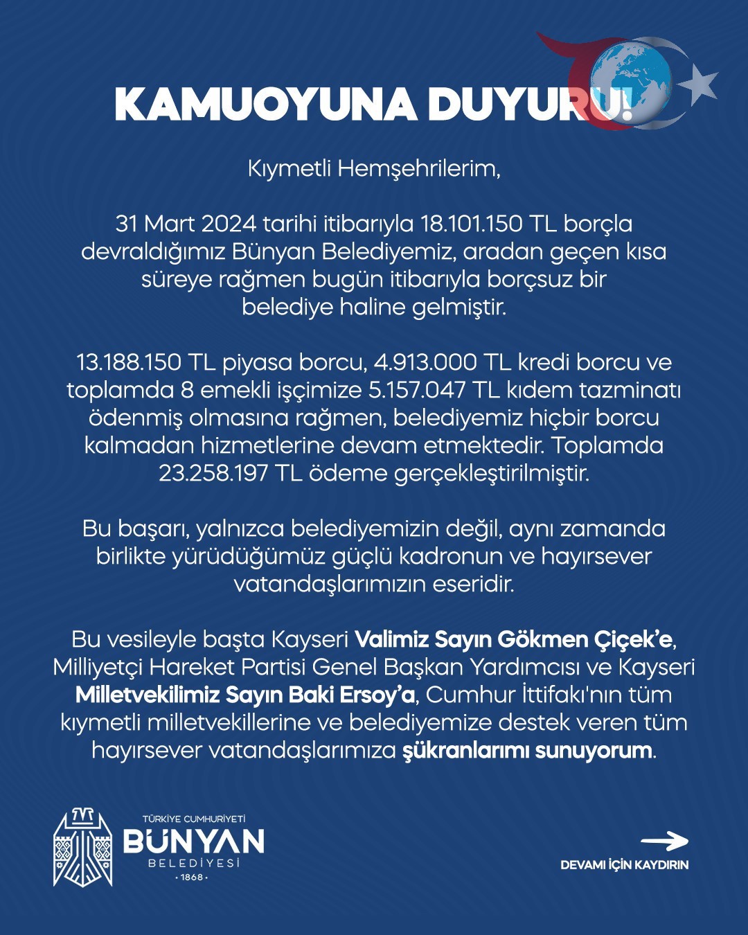 Bünyan Belediyesi Borçsuz Geleceğe Adım Attı