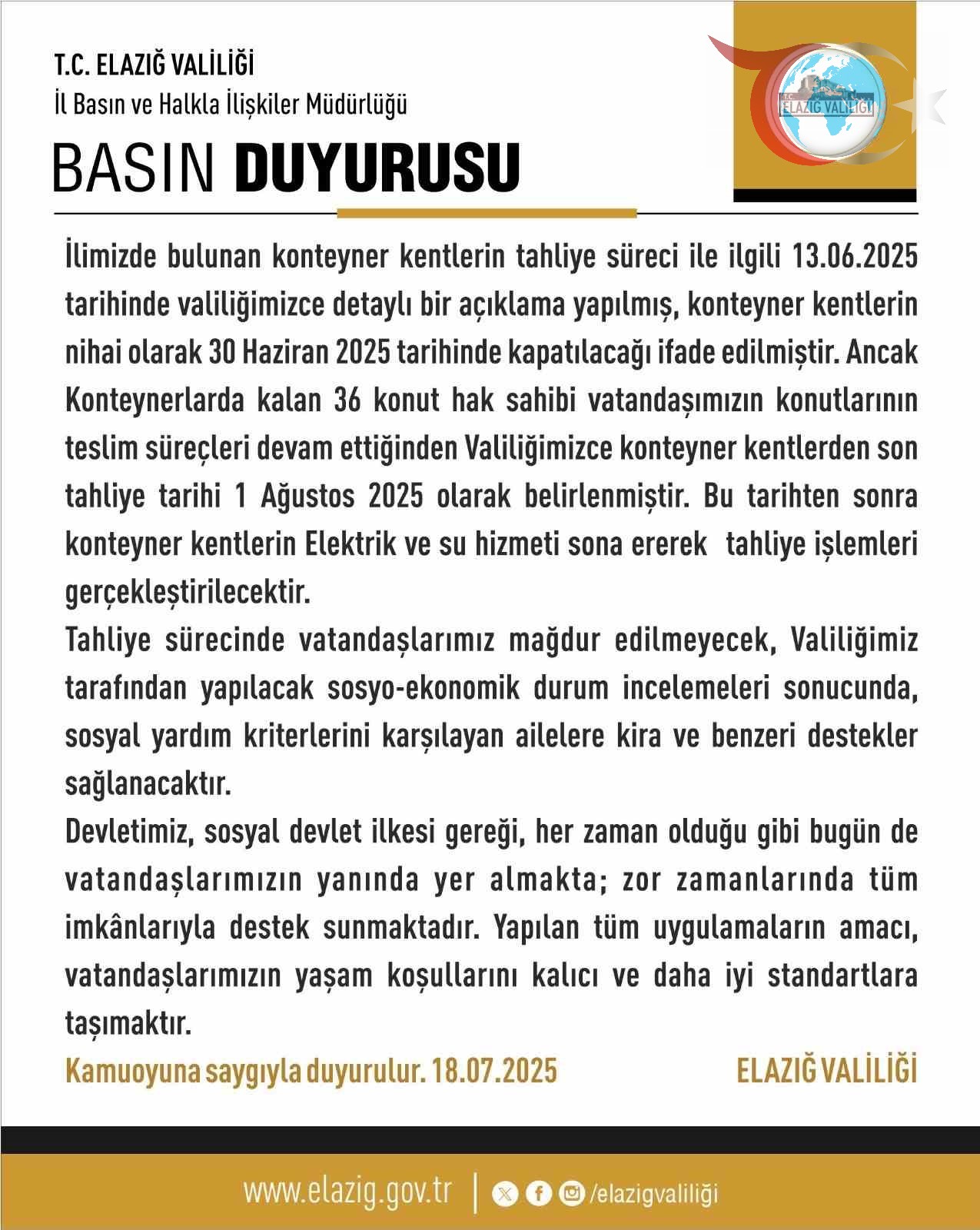 Elazığ'da Konteyner Kentlerde Tahliye Süreci Başladı