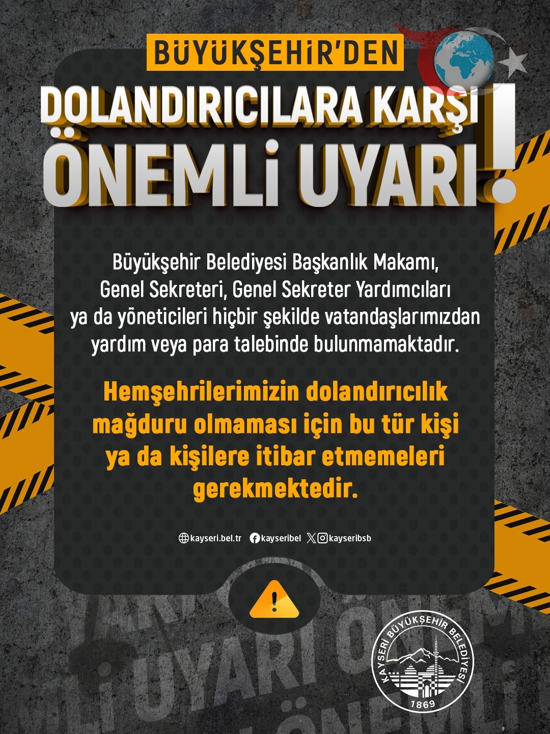 Kayseri Büyükşehir Belediyesi'nden Önemli Dolandırıcılık Uyarısı