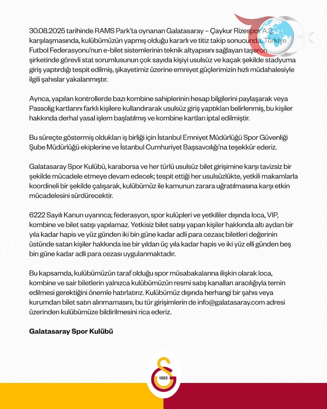 Galatasaray'dan Usulsüz Taraftar Girişi Hakkında Sert Uyarı