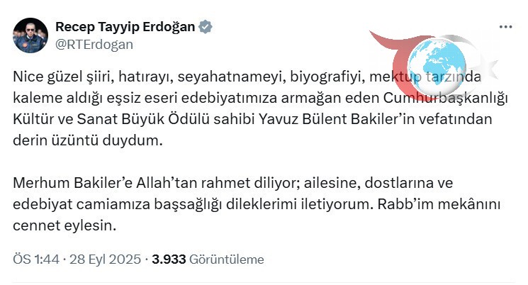 Ünlü Edebiyatçı Yavuz Bülent Bakiler'in Vefatına Erdoğan'dan Başsağlığı Mesajı